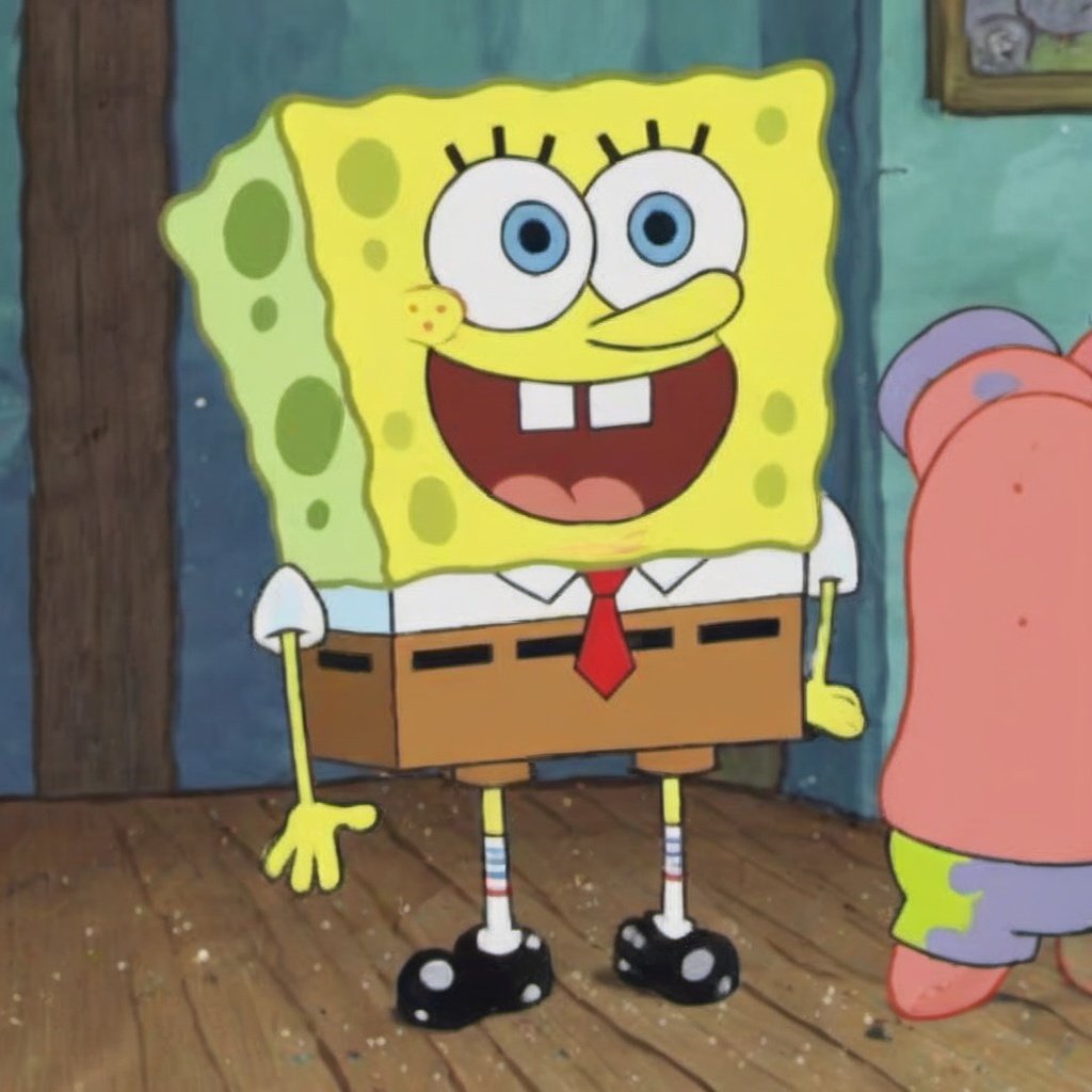 SpongeBob SquarePants, necktie, open mouth, blue eyes, shoes, teeth, shirt, red necktie, yellow skin, white shirt, indoors, 1boy, solo, microphone, male focus, looking at viewer, parody, blue footwear, cable, socks, surprised, electrical outlet, short sleeves, wide-eyed, television, collared shirt, monitor, meme, crossover, tail, standing, full body, 1other, yellow gloves, tongue, holding, no humans, cosplay, school uniform, monster, 1girl, electric plug, computer