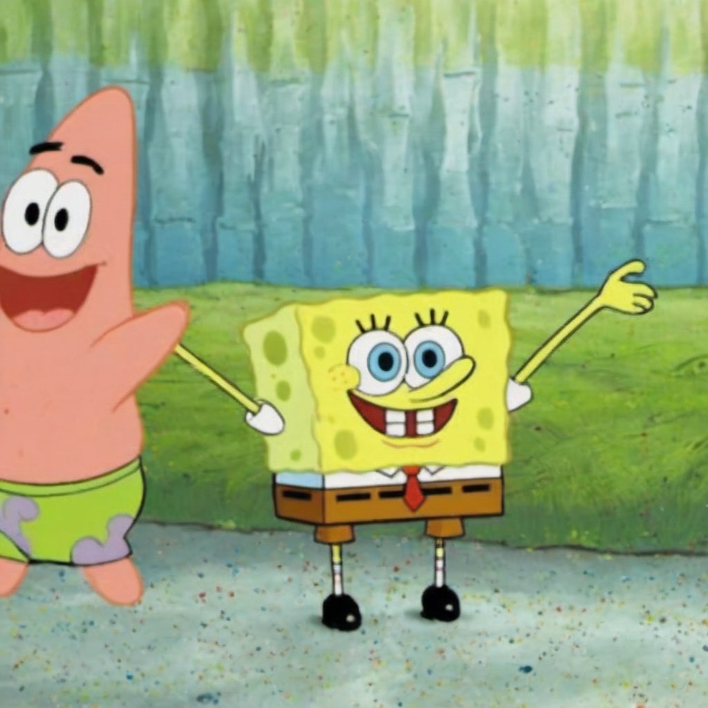 SpongeBob SquarePants, necktie, blue eyes, forest, nature, open mouth, smile, yellow gloves, teeth, yellow skin, tree, parody, no humans, 1boy, pointing, red necktie, shirt, male focus, outdoors, solo, monster, food, white shirt, looking at viewer, crossover, colored skin, creature, belt, upper body, what