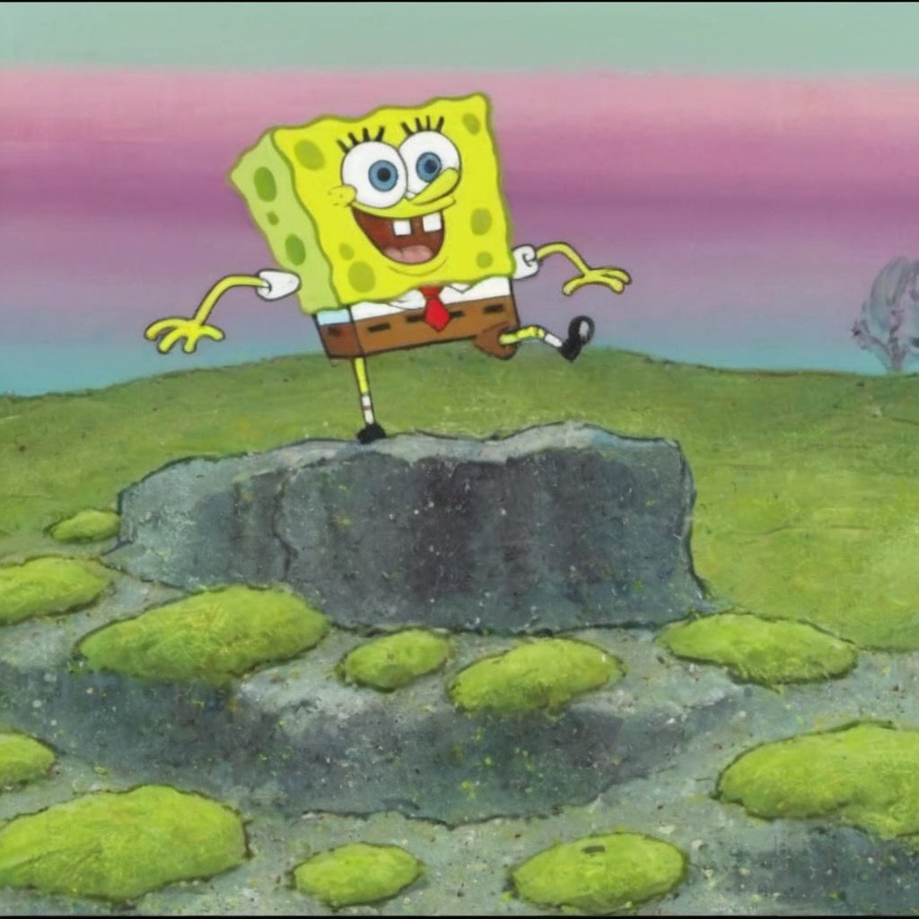 SpongeBob SquarePants, necktie, blue eyes, forest, nature, open mouth, smile, yellow gloves, teeth, yellow skin, tree, parody, no humans, 1boy, pointing, red necktie, shirt, male focus, outdoors, solo, monster, food, white shirt, looking at viewer, crossover, colored skin, creature, belt, upper body, what