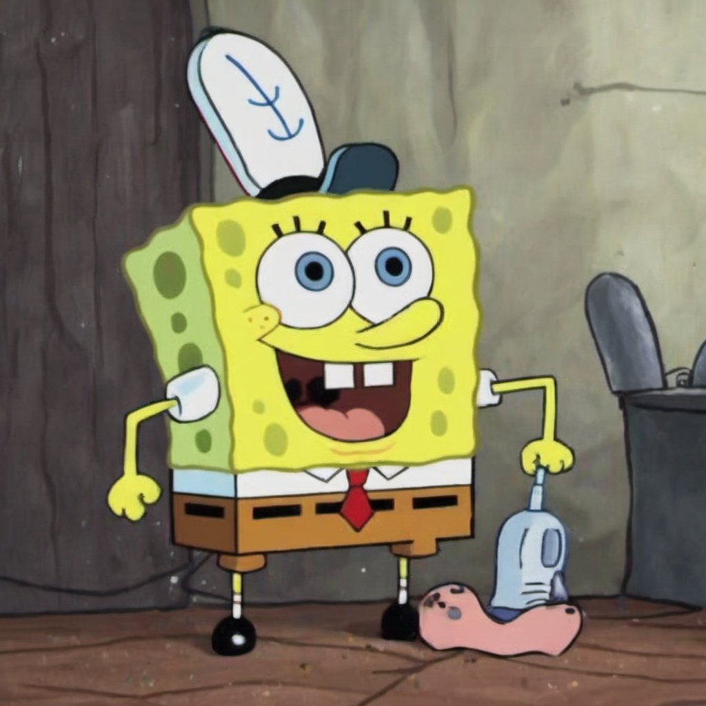 SpongeBob SquarePants, necktie, open mouth, blue eyes, shoes, teeth, shirt, red necktie, yellow skin, white shirt, indoors, 1boy, solo, microphone, male focus, looking at viewer, parody, blue footwear, cable, socks, surprised, electrical outlet, short sleeves, wide-eyed, television, collared shirt, monitor, meme, crossover, tail, standing, full body, 1other, yellow gloves, tongue, holding, no humans, cosplay, school uniform, monster, 1girl, electric plug, computer