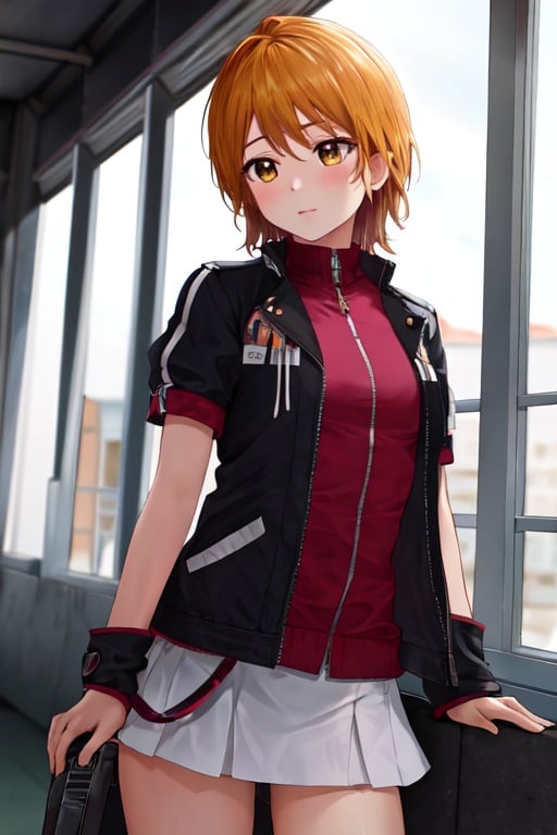 masterpiece, best quality, highres, 1girl, solo, cowboy shot, nagisa, brown eyes, brown hair, short hair, detached_sleeves, jacket