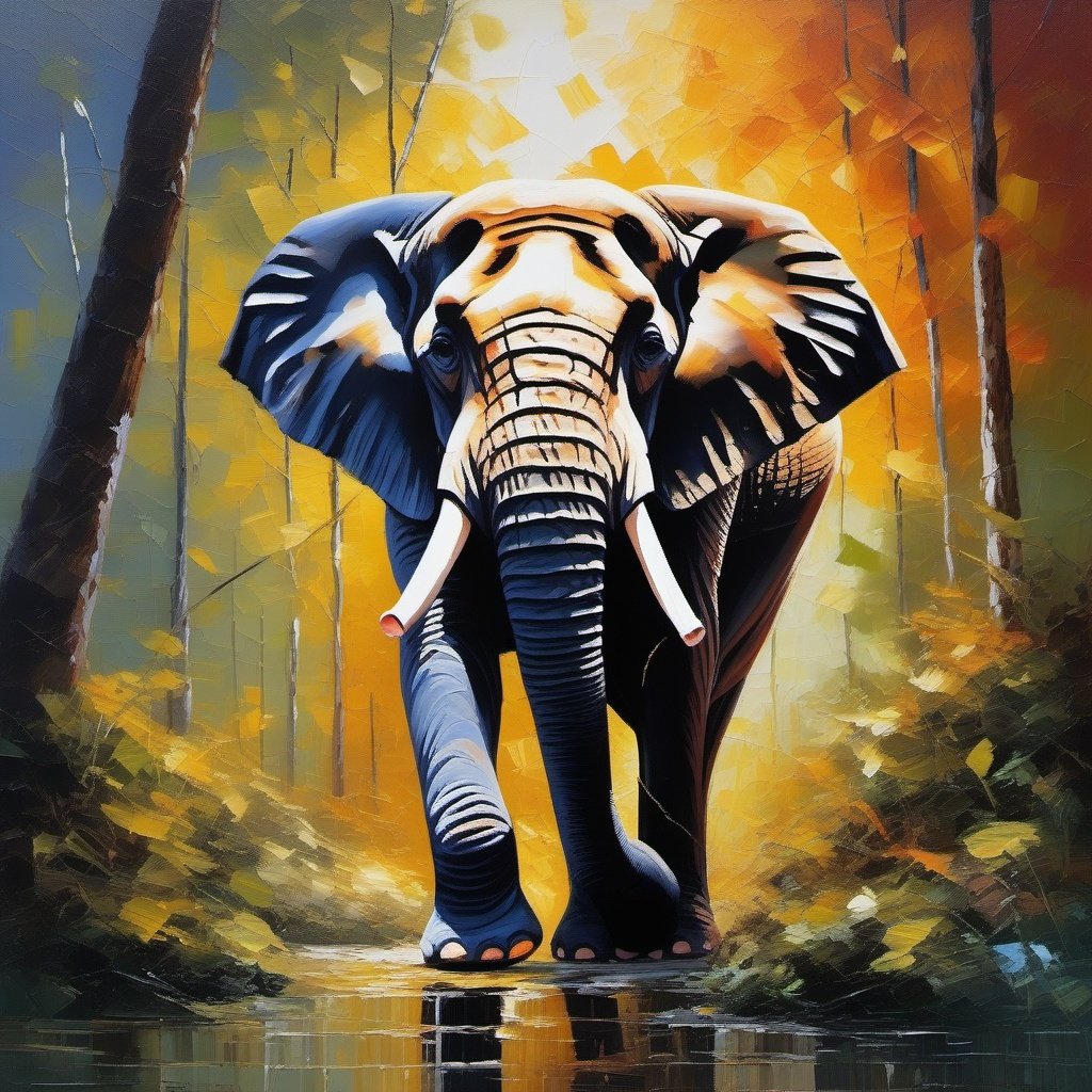 Palette knife oil painting , an elephant , in the forest , sun , beautiful , ultra clear, beautiful , unreal engine 5 