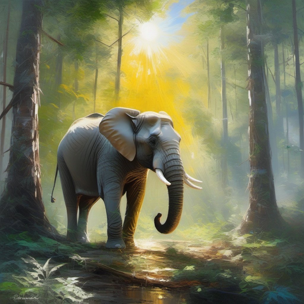 Palette knife oil painting , an elephant , in the forest , sun , beautiful , ultra clear, beautiful , unreal engine 5 