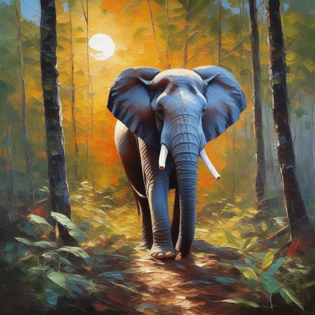 Palette knife oil painting , an elephant , in the forest , sun , beautiful , ultra clear, beautiful , unreal engine 5 