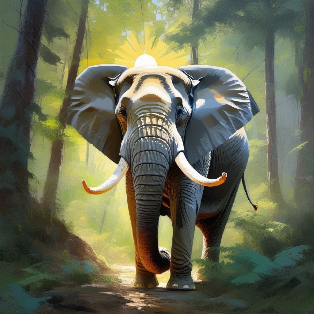 Palette knife oil painting , an elephant , in the forest , sun , beautiful , ultra clear, beautiful , unreal engine 5 