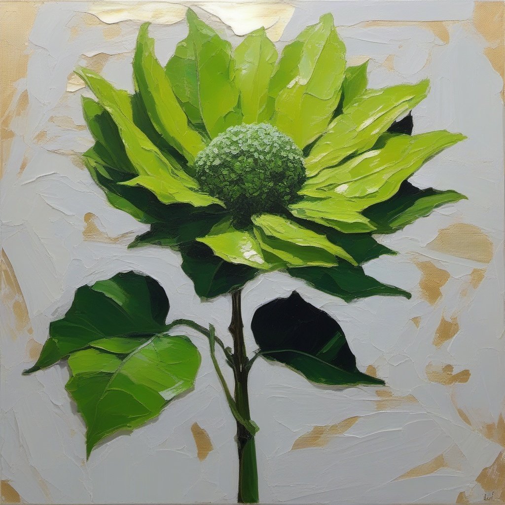 
green flower , foreground, stem and dark leaves, large leaf, slime green leafs, at night, golden ratio, acrylic palette knife, style of  genshin impact 