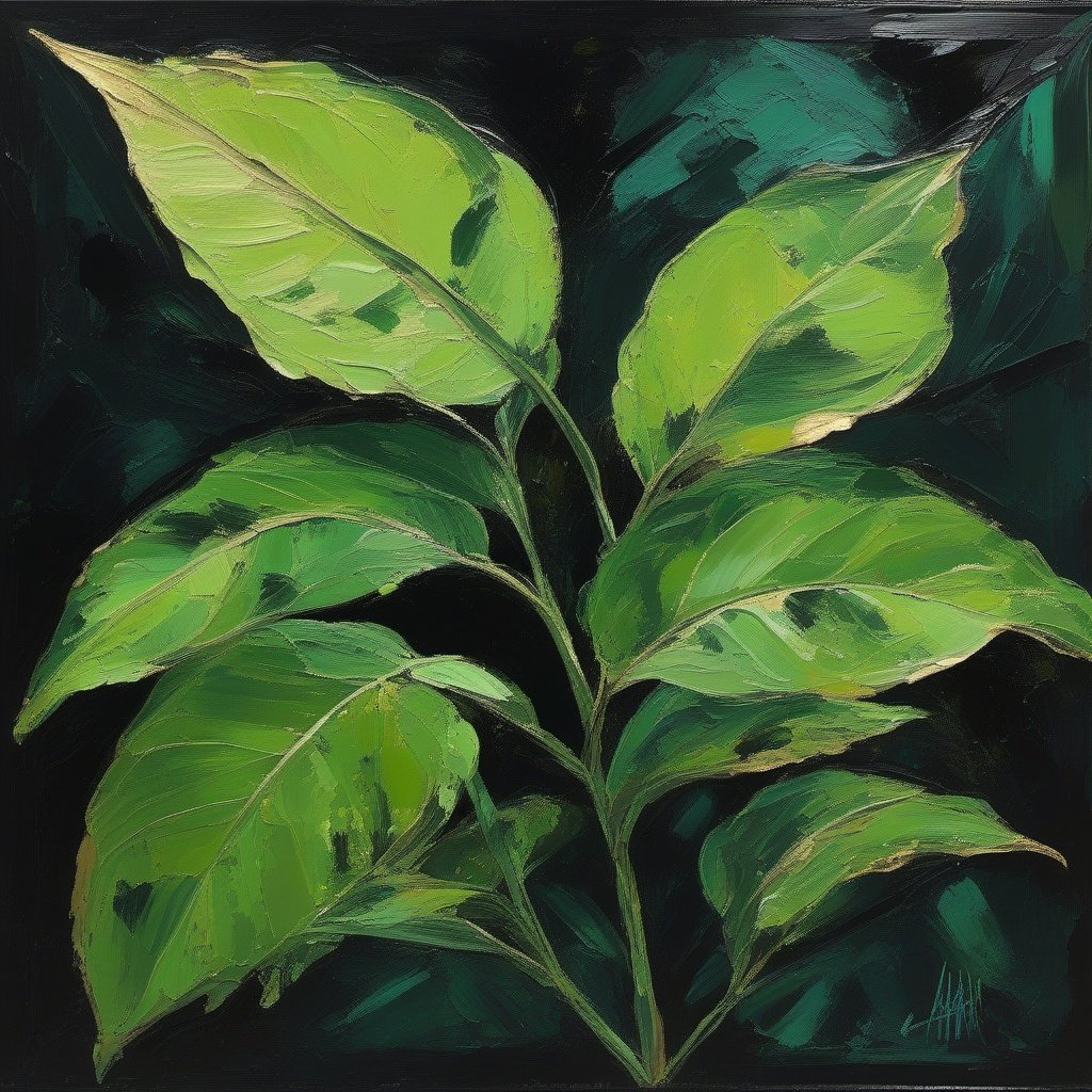 
green flower , foreground, stem and dark leaves, large leaf, slime green leafs, at night, golden ratio, acrylic palette knife, style of  genshin impact 