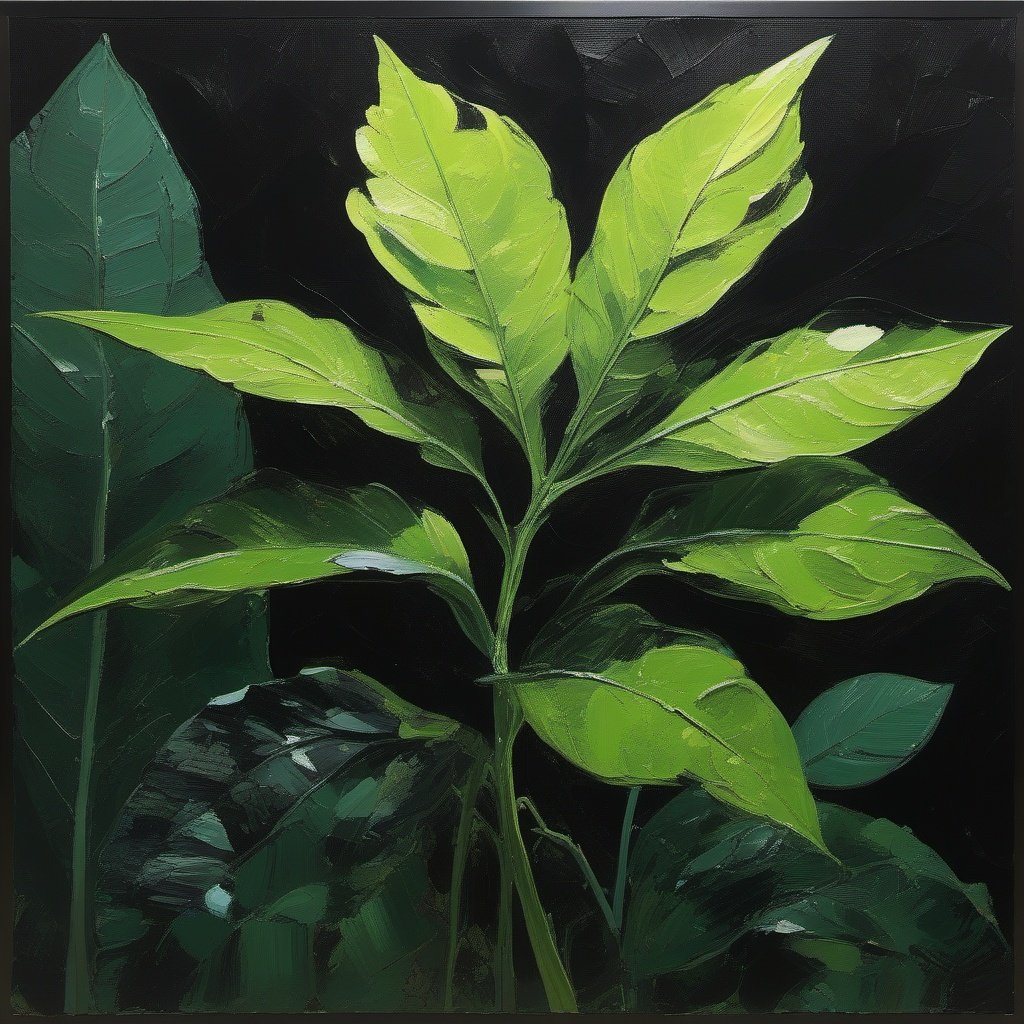 
green flower , foreground, stem and dark leaves, large leaf, slime green leafs, at night, golden ratio, acrylic palette knife, style of  genshin impact 