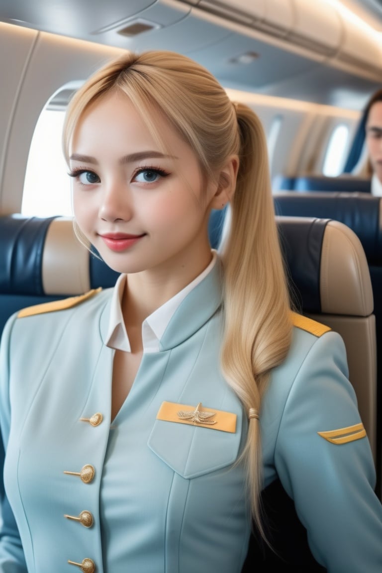 Habsome stewardess with long blonde hair and a ponytail in stewardess uniform,flirting,photo realistic,4k details,ultra details,dynamic lighting,cinematic,8k ultra fine detail,masterpiece,elina,Movie Still,lalalalisa_m