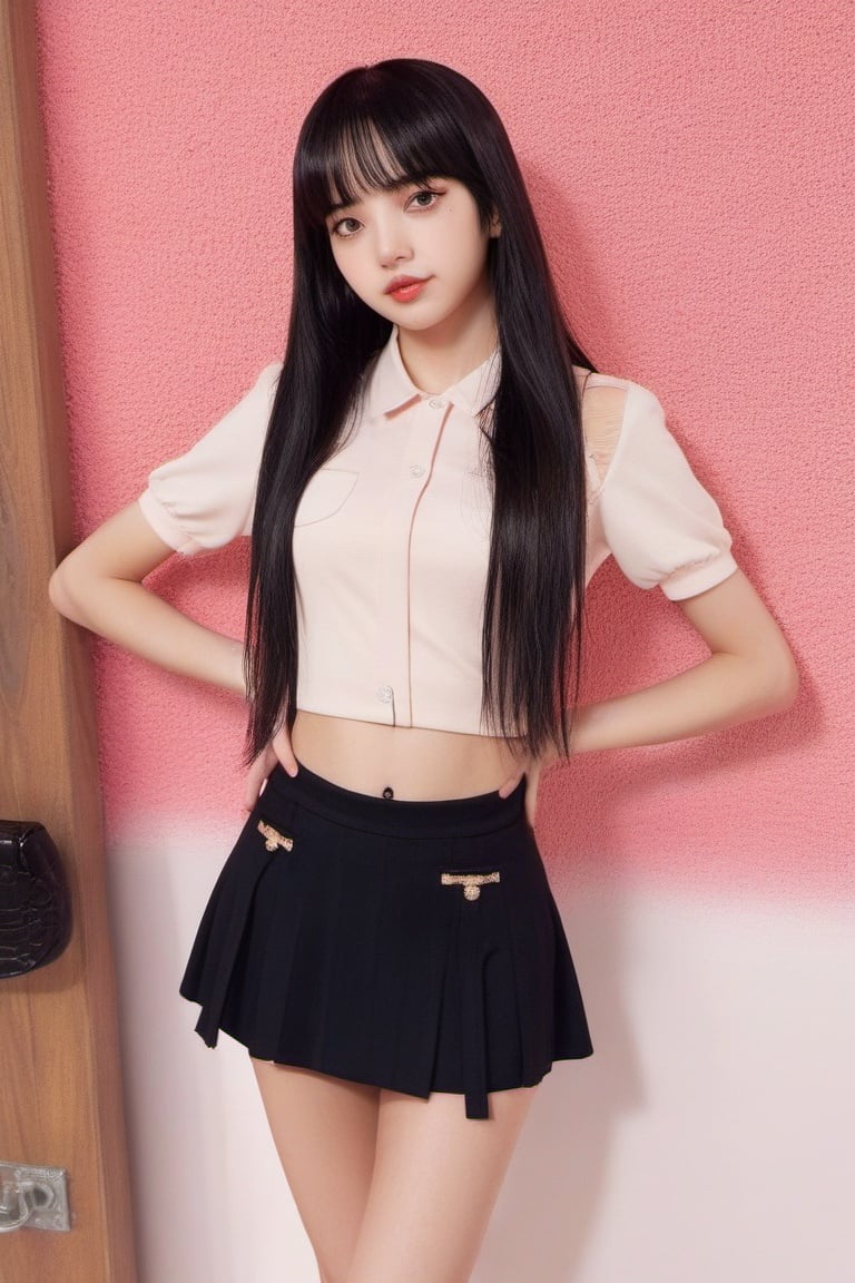 masterpiece, best quality,1girl, solo, black hair, wearing mini skirt, realistic, looking at viewer, black eyes, long hair, closed mouth, full body
,lalalalisa_m