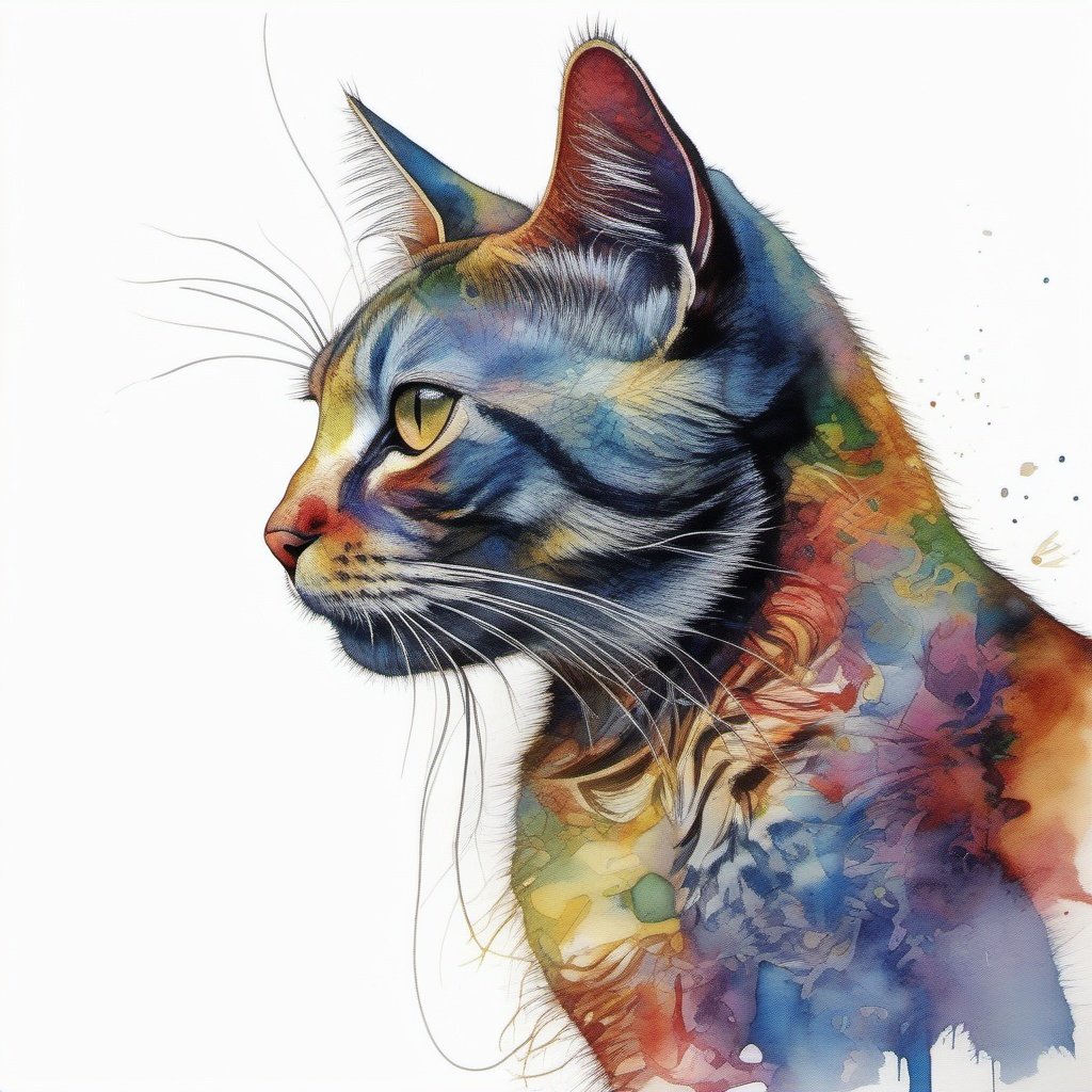 silhouette of a cat , created from abstract multi-colored stokes , white background, Water colour,  sharp focus, studio photo, intricate details, highly detailed, by greg rutkowski