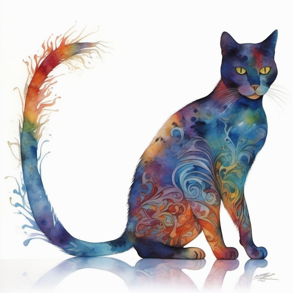 silhouette of a cat , created from abstract multi-colored stokes , white background, Water colour,  sharp focus, studio photo, intricate details, highly detailed, by greg rutkowski