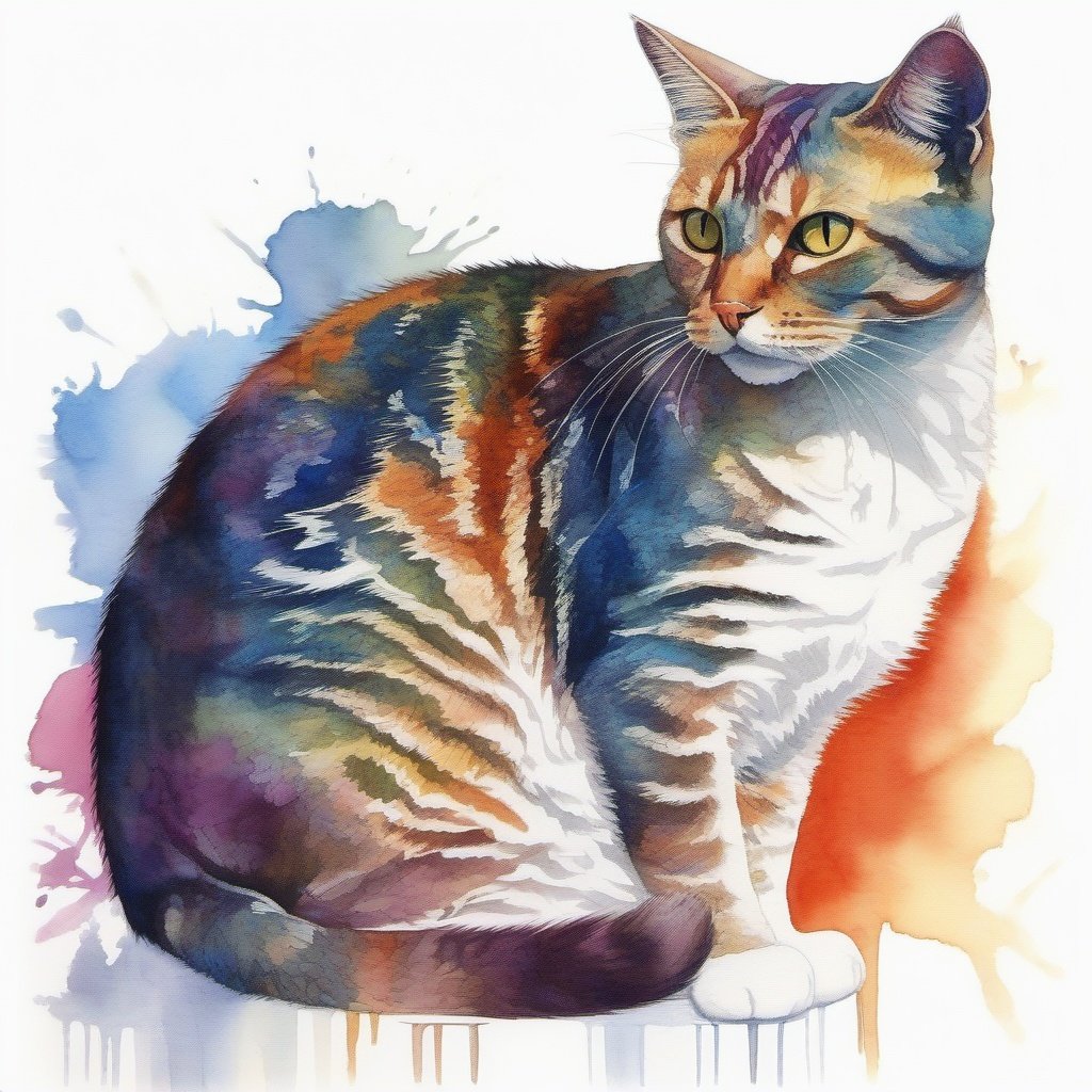 silhouette of a cat , created from abstract multi-colored stokes , white background, Water colour,  sharp focus, studio photo, intricate details, highly detailed, by greg rutkowski