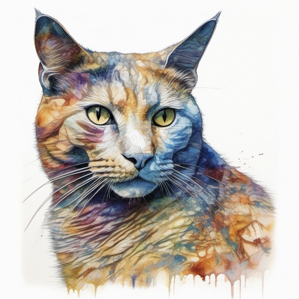 silhouette of a cat , created from abstract multi-colored stokes , white background, Water colour,  sharp focus, studio photo, intricate details, highly detailed, by greg rutkowski