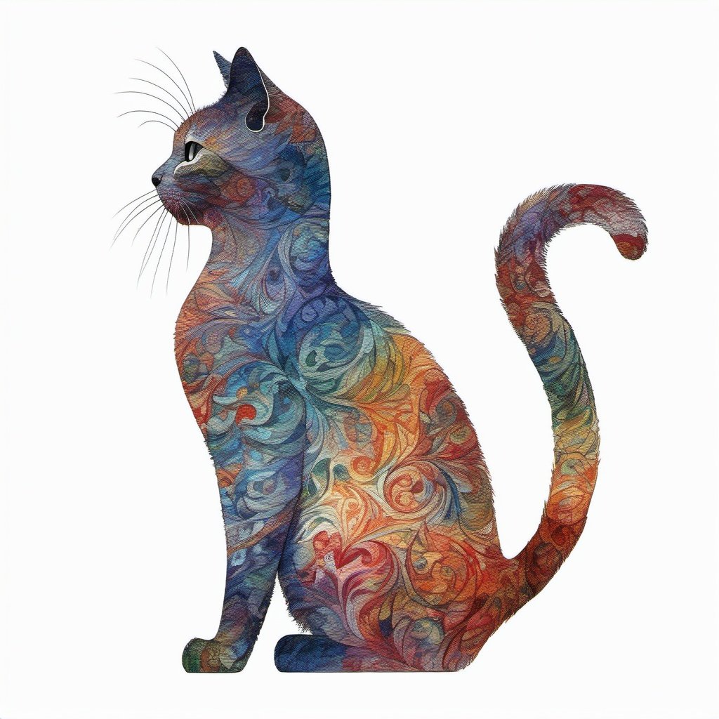 silhouette of a cat , created from abstract multi-colored stokes , white background, Water colour,  sharp focus, studio photo, intricate details, highly detailed, by greg rutkowski