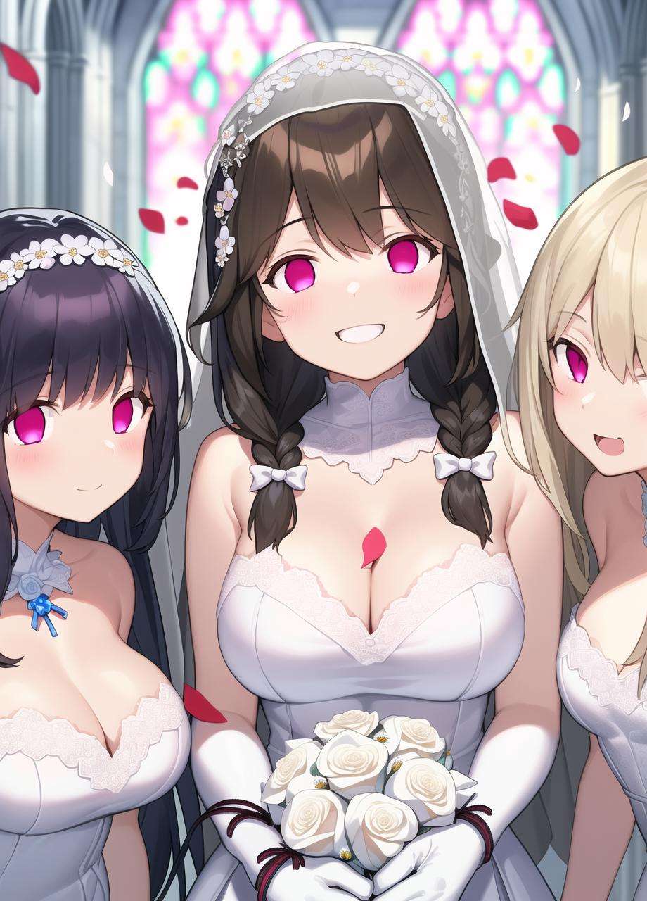 (masterpiece:1.2),best quality,illustration,beautiful detailed girl,(3girls in a same row formation:1.3),(large breasts:1.0),(white wedding dress:1.3) with (laces:1.5),(gloves:1.1),neckless,(veil:1.4),(bouquet:1.25),blush,smile,(open mouth:0.9),cowboy shot,upper body,(long hair:1.0),blunt bangs,{mix-fus-of-(light blown hair)-(bob cut:1.0)-black eyes-ribbon},{mix-fus-of-black hair-straight hair-(brown eyes)},{mix-fus-of-(blond hair:1.1)-(multiple braids)-blue eyes},(church),(white petals:1.5),<lora:hypnoEyes_v10:1.2>