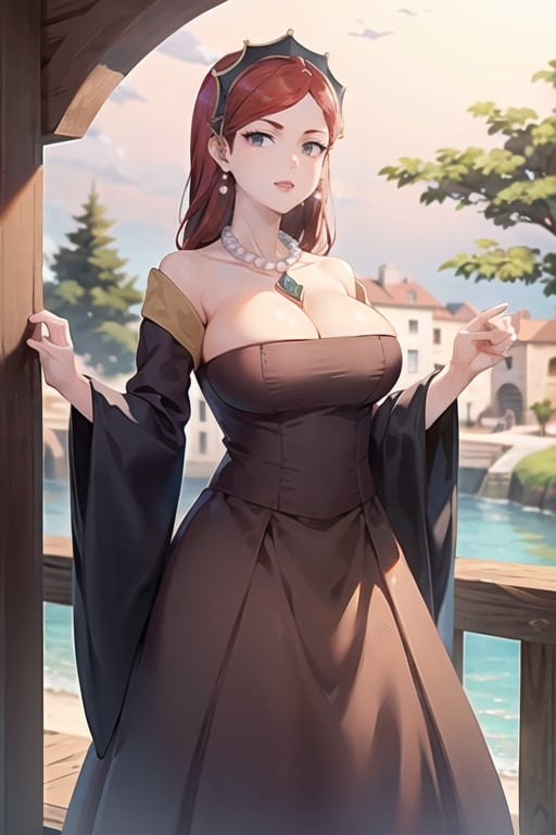 Hilda_aiwaifu,long hair,jewelry,earrings,red hair,necklace,makeup,large breasts,pearl necklace,gem,lipstick,grey eyes,hairband,collarbone,hairband,bangs,red lips,bare shoulders,cleavage,dress,red dress,detached sleeves,strapless,tiara,long dress,strapless dress, red dress, off_shoulder, 

masterpiece,best quality,ultra detailed, 8k, 4k,highly detailed, scenery,pose,solo,