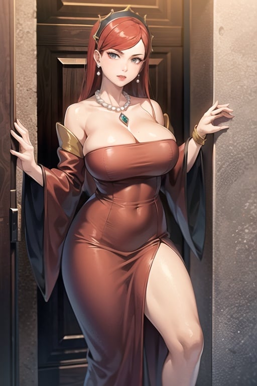 Hilda_aiwaifu,long hair,jewelry,earrings,red hair,necklace,makeup,large breasts,pearl necklace,gem,lipstick,grey eyes,hairband,collarbone,hairband,bangs,red lips,bare shoulders,cleavage,dress,red dress,detached sleeves,strapless,tiara,long dress,strapless dress, red dress, off_shoulder, 

masterpiece,best quality,ultra detailed, 8k, 4k,highly detailed, scenery,pose,solo,
