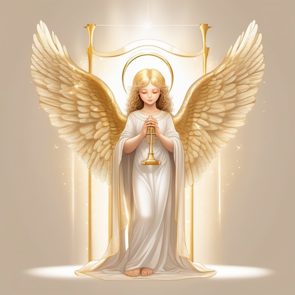 An angel , with detailed angel wings and a golden harp, glowing holy light, facing us , hyper-realistic,  illustrations, full body. High sharpness, delicate details,soft lighting, sharp focus, rim lighting , heavenly background m,2d cute, fantasy, vector illustration, 2d flat, centered 