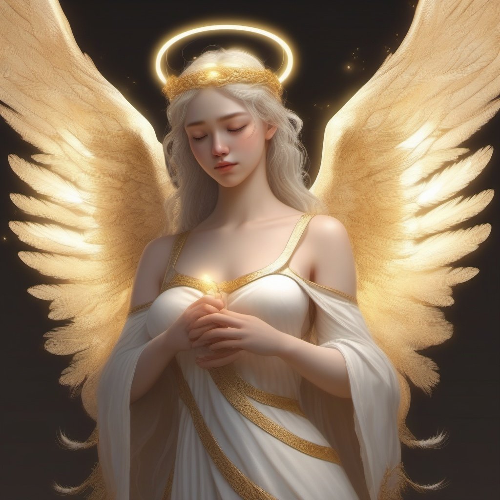 An angel , with detailed angel wings and a golden harp, glowing holy light, facing us , hyper-realistic,  illustrations, full body. High sharpness, delicate details,soft lighting, sharp focus, rim lighting , heavenly background m,2d cute, fantasy, vector illustration, 2d flat, centered 