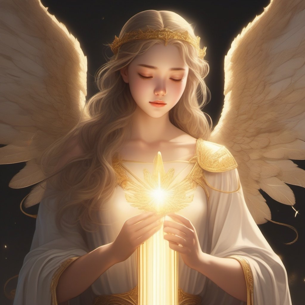 An angel , with detailed angel wings and a golden harp, glowing holy light, facing us , hyper-realistic,  illustrations, full body. High sharpness, delicate details,soft lighting, sharp focus, rim lighting , heavenly background m,2d cute, fantasy, vector illustration, 2d flat, centered 