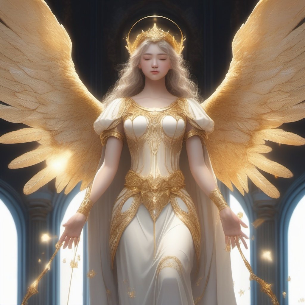 An angel , with detailed angel wings and a golden harp, glowing holy light, facing us , hyper-realistic,  illustrations, full body. High sharpness, delicate details,soft lighting, sharp focus, rim lighting , heavenly background m,2d cute, fantasy, vector illustration, 2d flat, centered 