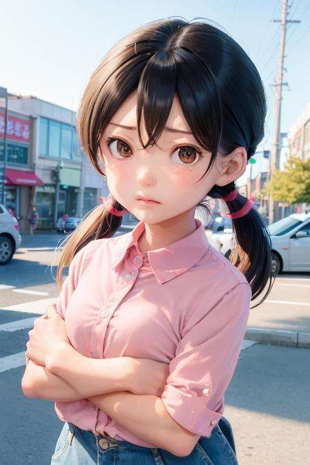 1girl, minamoto_shizuka, bangs, short twintails, pink shirt, frown <lora:minamoto_shizuka:0.6>