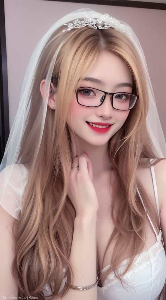 1 girl, glasses, ((Best Quality, 8K, Masterpiece:1.3)), Focus: 1.2, Perfect Body Beauty: 1.4, Buttocks: 1.2, (huge Breasts: 1.4), (Gigantic hip: 1.8),(white transparent veil, micro bra, white thong), Highly Detailed Face, perfect smile, Double Eyelids, White Skin, (((Long blonde Hair))), (Shut Up: 1.3), Smile,(upper body focus:1.2),