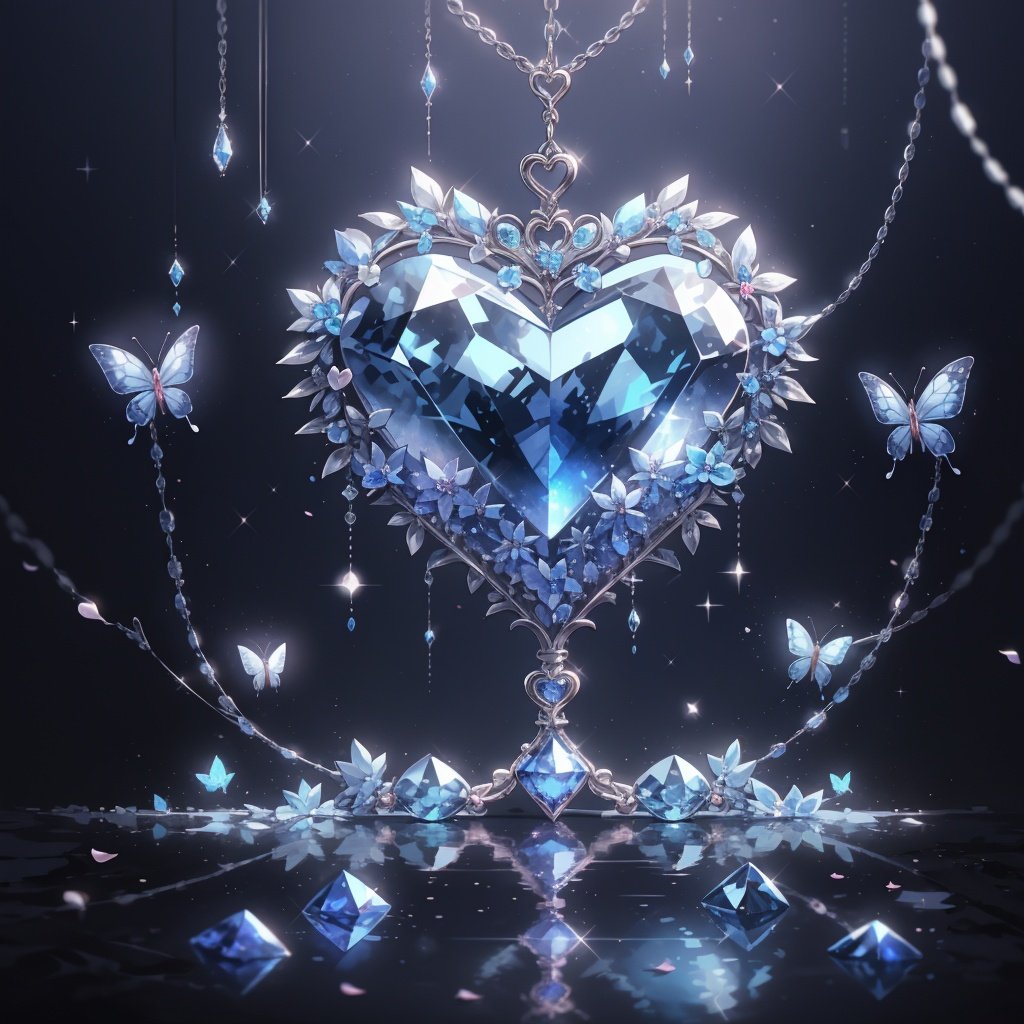 nijinecklace,crescent,no humans, heart, still life, sparkle, blue gem, hang,broken, blue crystal, silver diamond,petals,reflection,lighting,depth of field,rose,butterfly,flower,water