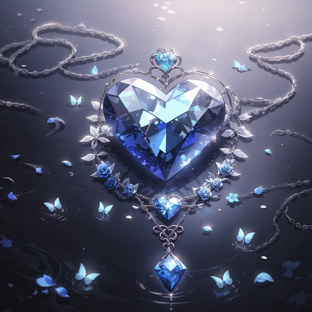 nijinecklace,crescent,no humans, heart, still life, sparkle, blue gem, broken, blue crystal, silver diamond,petals,reflection,lighting,depth of field,rose,butterfly,flower,water