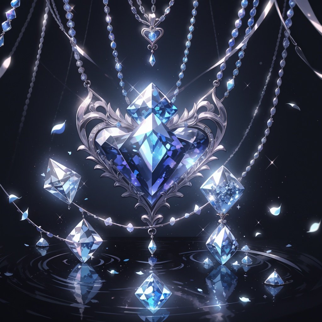 nijinecklace,crescent,no humans, heart, still life, sparkle, blue gem, hang,broken, blue crystal, silver diamond,petals,reflection,lighting,depth of field,rose,butterfly,flower,water