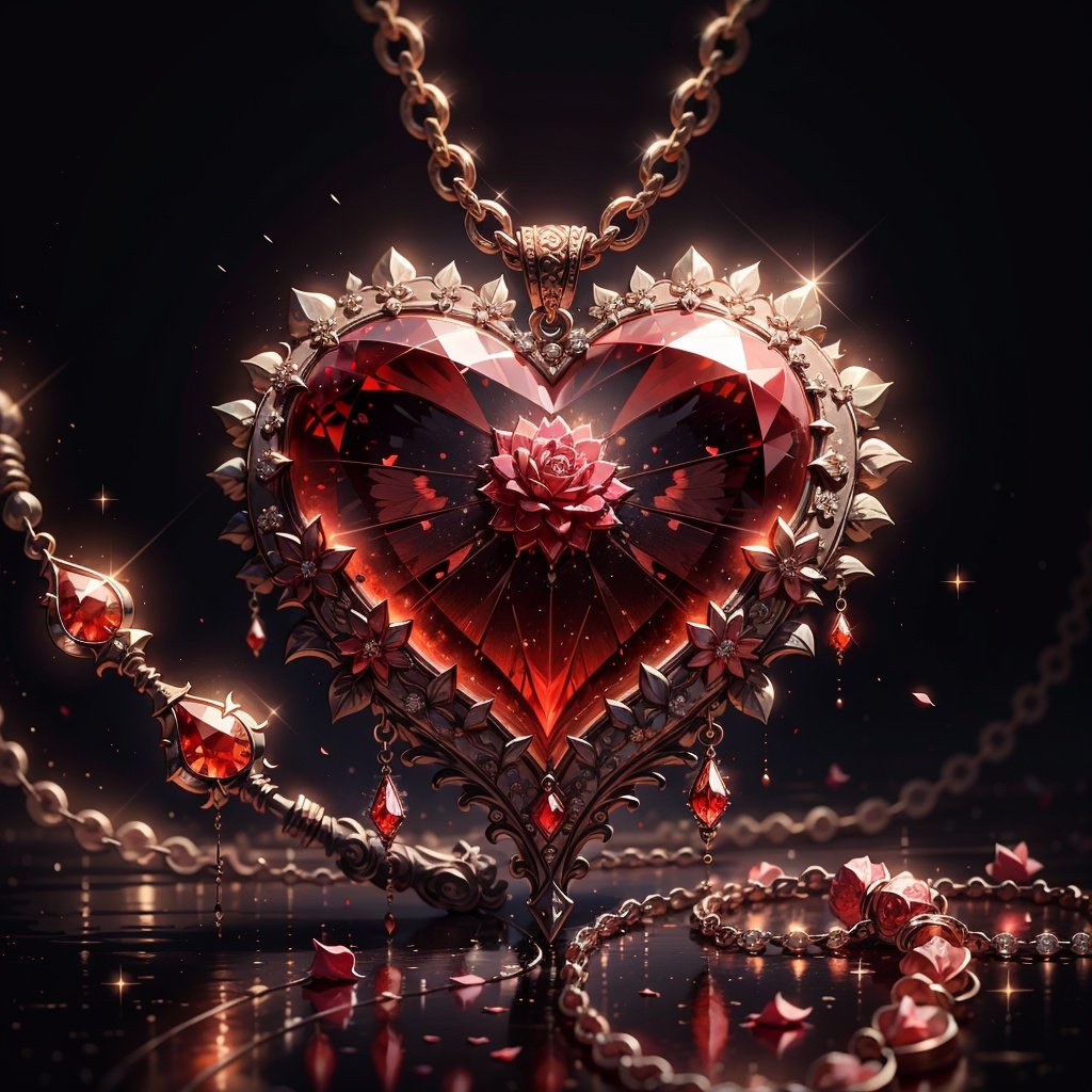 nijinecklace,necklace,no humans, black background, chain, heart, still life, sparkle, gem, broken, petals,reflection,lighting,depth of field,rose,butterfly,flower,water