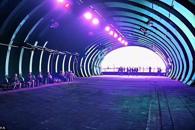 there is a large room with many dancing people, interior of the hall in area 55, covered outdoor stage, abandoned night hangar, dj at a club, inside futuristic hangar, interior view, d. i. y. venue, moving lights inside facility, huge speakers, inside the tunnel, stage light, halo array, a former derelict soviet army military compound in the forest, an airplane hangar, men and women are having a party, the people are only lightly clad, more or less half-naked, there are canvases on the walls and neon lights illuminate the night, raw, steampunk, gothic, bdsm