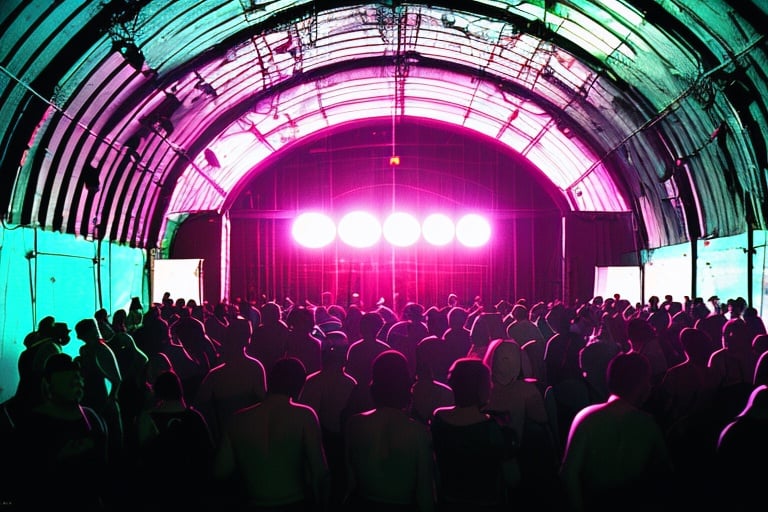 there is a large room with many dancing people, interior of the hall in area 55, covered outdoor stage, abandoned night hangar, stage at a club, inside futuristic hangar, stage, interior view, d. i. y. venue, moving lights inside facility, huge speakers, inside the tunnel, stage light, halo array, a former derelict soviet army military compound in the forest, an airplane hangar, men and women are having a party, the people are only lightly clad, more or less half-naked, there are canvases on the walls and neon lights illuminate the night, raw, steampunk, gothic, bdsm