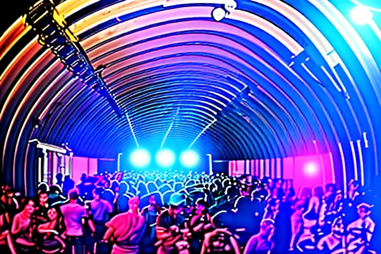 there is a large room with many dancing people, interior of the hall in area 55, covered outdoor stage, abandoned night hangar, dj at a club, inside futuristic hangar, interior view, d. i. y. venue, moving lights inside facility, huge speakers, inside the tunnel, stage light, halo array, a former derelict soviet army military compound in the forest, an airplane hangar, men and women are having a party, the people are only lightly clad, more or less half-naked, there are canvases on the walls and neon lights illuminate the night, raw, steampunk, gothic, bdsm