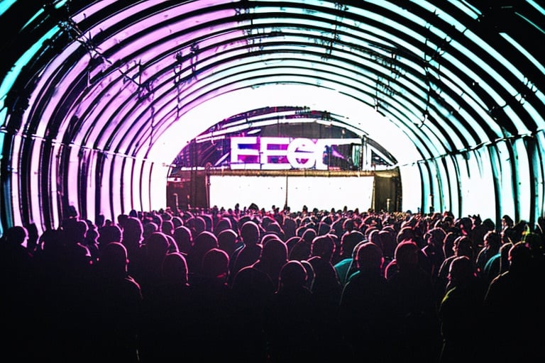 there is a large room with many dancing people, interior of the hall in area 55, covered outdoor stage, abandoned night hangar, stage at a club, inside futuristic hangar, stage, interior view, d. i. y. venue, moving lights inside facility, huge speakers, inside the tunnel, stage light, halo array, a former derelict soviet army military compound in the forest, an airplane hangar, men and women are having a party, the people are only lightly clad, more or less half-naked, there are canvases on the walls and neon lights illuminate the night, raw, steampunk, gothic, bdsm