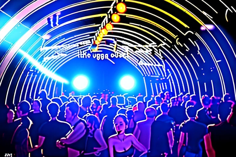 there is a large room with many dancing people, interior of the hall in area 55, covered outdoor stage, abandoned night hangar, dj at a club, inside futuristic hangar, interior view, d. i. y. venue, moving lights inside facility, huge speakers, inside the tunnel, stage light, halo array, a former derelict soviet army military compound in the forest, an airplane hangar, men and women are having a party, the people are only lightly clad, more or less half-naked, there are canvases on the walls and neon lights illuminate the night, raw, steampunk, gothic, bdsm