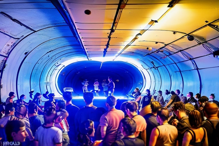 there is a large room with many dancing people, interior of the hall in area 55, covered outdoor stage, abandoned night hangar, stage at a club, inside futuristic hangar, stage, interior view, d. i. y. venue, moving lights inside facility, huge speakers, inside the tunnel, stage light, halo array, a former derelict soviet army military compound in the forest, an airplane hangar, men and women are having a party, the people are only lightly clad, more or less half-naked, there are canvases on the walls and neon lights illuminate the night, raw, steampunk, gothic, bdsm