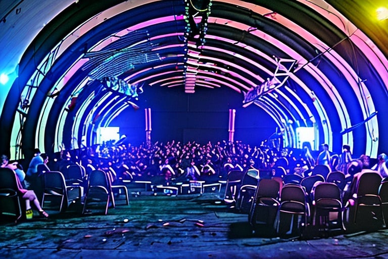 there is a large room with many dancing people, interior of the hall in area 55, covered outdoor stage, abandoned night hangar, dj at a club, inside futuristic hangar, interior view, d. i. y. venue, moving lights inside facility, huge speakers, inside the tunnel, stage light, halo array, a former derelict soviet army military compound in the forest, an airplane hangar, men and women are having a party, the people are only lightly clad, more or less half-naked, there are canvases on the walls and neon lights illuminate the night, raw, steampunk, gothic, bdsm