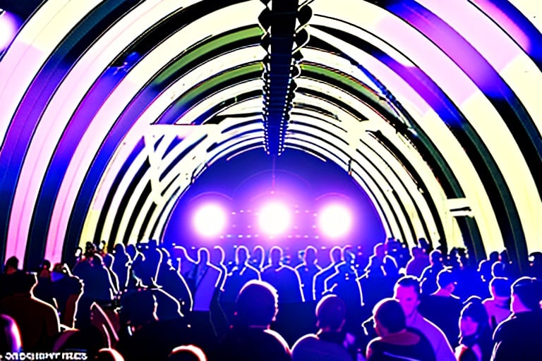 there is a large room with many dancing people, interior of the hall in area 55, covered outdoor stage, abandoned night hangar, dj at a club, inside futuristic hangar, interior view, d. i. y. venue, moving lights inside facility, huge speakers, inside the tunnel, stage light, halo array, a former derelict soviet army military compound in the forest, an airplane hangar, men and women are having a party, the people are only lightly clad, more or less half-naked, there are canvases on the walls and neon lights illuminate the night, raw, steampunk, gothic, bdsm