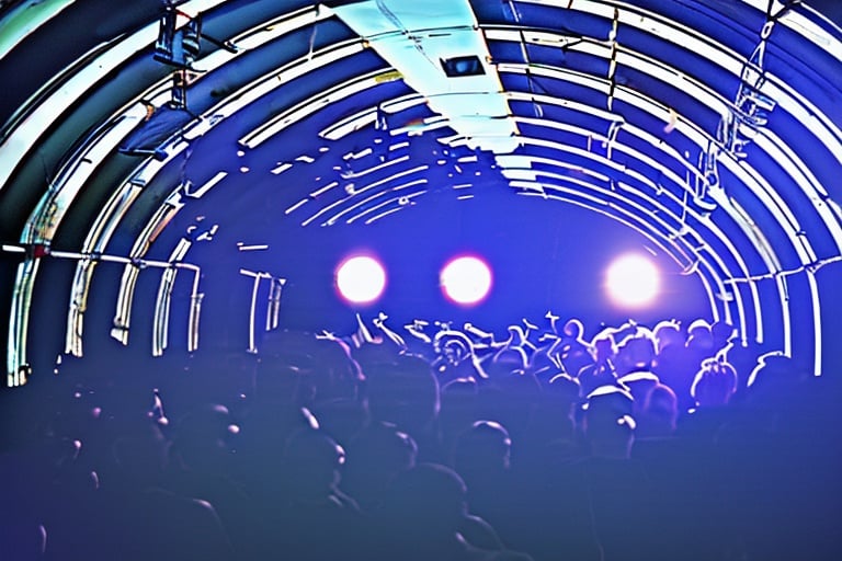 there is a large room with many dancing people, interior of the hall in area 55, covered outdoor stage, abandoned night hangar, dj at a club, inside futuristic hangar, interior view, d. i. y. venue, moving lights inside facility, huge speakers, inside the tunnel, stage light, halo array, a former derelict soviet army military compound in the forest, an airplane hangar, men and women are having a party, the people are only lightly clad, more or less half-naked, there are canvases on the walls and neon lights illuminate the night, raw, steampunk, gothic, bdsm