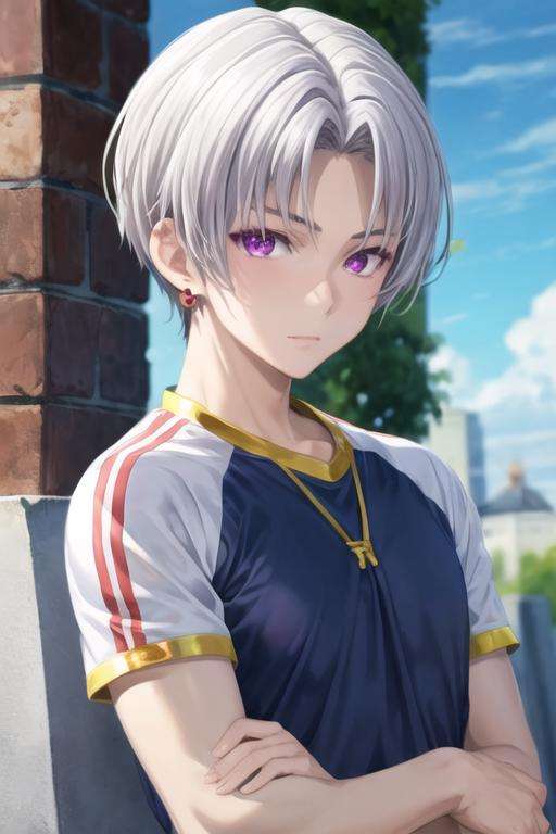 masterpiece, best quality, illustration, 1boy, solo, male focus, looking at viewer, upper body, depth of field, <lora:faios_shironeko:0.74>, faios_shironeko, purple eyes, jewelry, grey hair, sportswear,