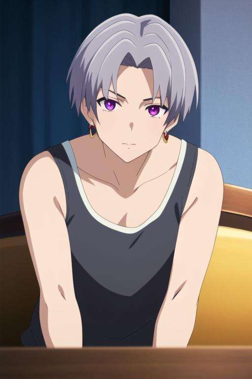 masterpiece, best quality, illustration, 1boy, solo, male focus, looking at viewer, , , <lora:faios_shironeko:0.74>, faios_shironeko, purple eyes, jewelry, grey hair, tank top,