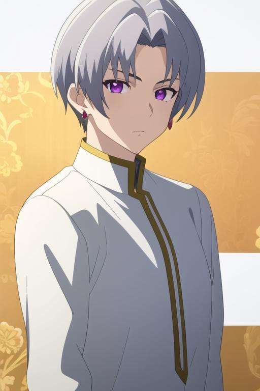 masterpiece, best quality, wallpaper, 1boy, solo, male focus, looking at viewer, , , <lora:faios_shironeko:0.74>, faios_shironeko, purple eyes, jewelry, grey hair, shirt,