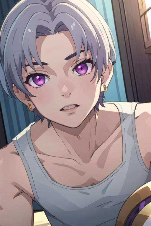 masterpiece, best quality, game cg, 1boy, solo, male focus, looking at viewer, , depth of field, <lora:faios_shironeko:0.74>, faios_shironeko, purple eyes, , grey hair, tank top,