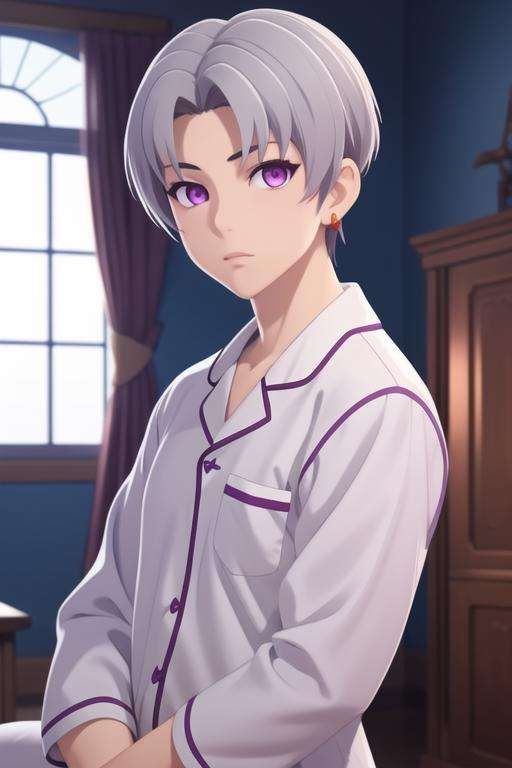 masterpiece, best quality, game cg, 1boy, solo, male focus, looking at viewer, upper body, depth of field, <lora:faios_shironeko:0.70>, faios_shironeko, purple eyes, , grey hair, pajamas,