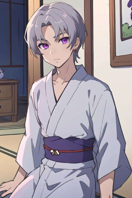 masterpiece, best quality, sketch, 1boy, solo, male focus, looking at viewer, , , <lora:faios_shironeko:0.66>, faios_shironeko, purple eyes, , grey hair, yukata,