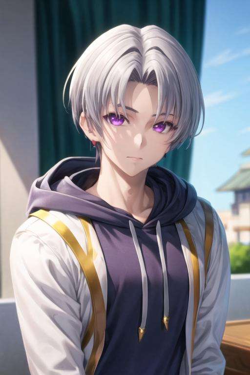 masterpiece, best quality, , 1boy, solo, male focus, looking at viewer, upper body, depth of field, <lora:faios_shironeko:0.72>, faios_shironeko, purple eyes, , grey hair, hoodie,