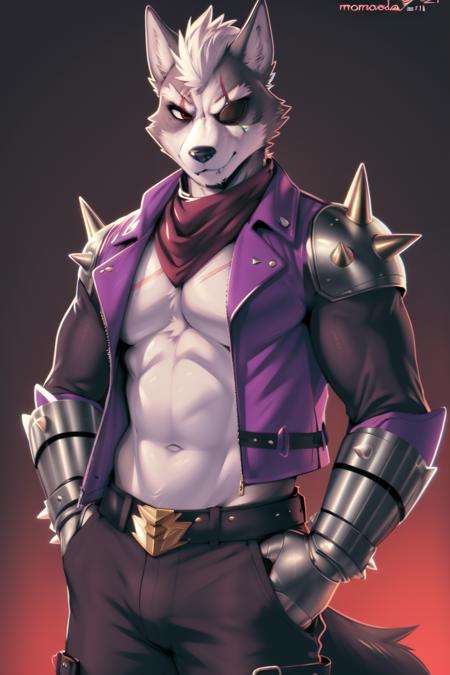 (by zackary911, by nextel, by momobeda) male, wolf, solo, wearing jacket, eyepatch, red eyes, grey body, scar, wolf o'donnell, purple clothing, spikes, armor, colar, fancy, black shirt