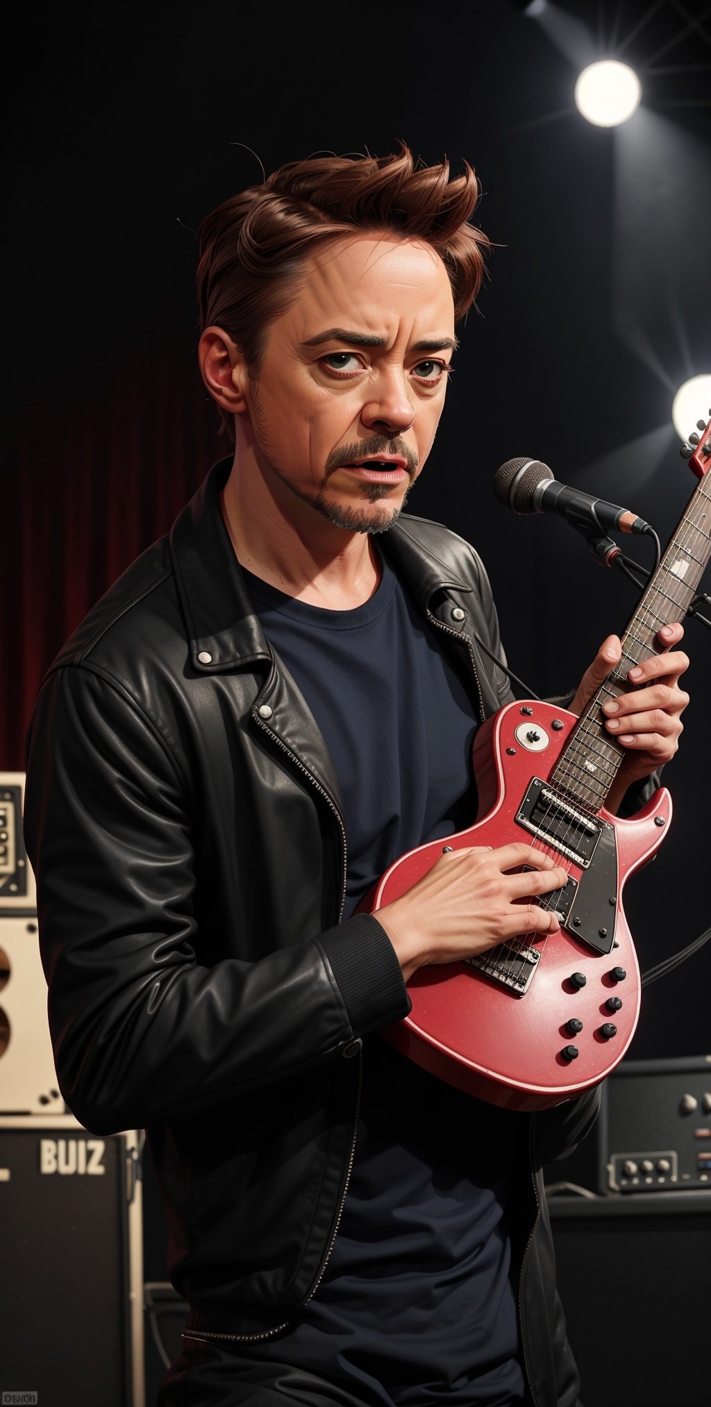 A music promo, (close-up) angry Robert Downey Jr. holding metal guitare, rough, dark stage in the background